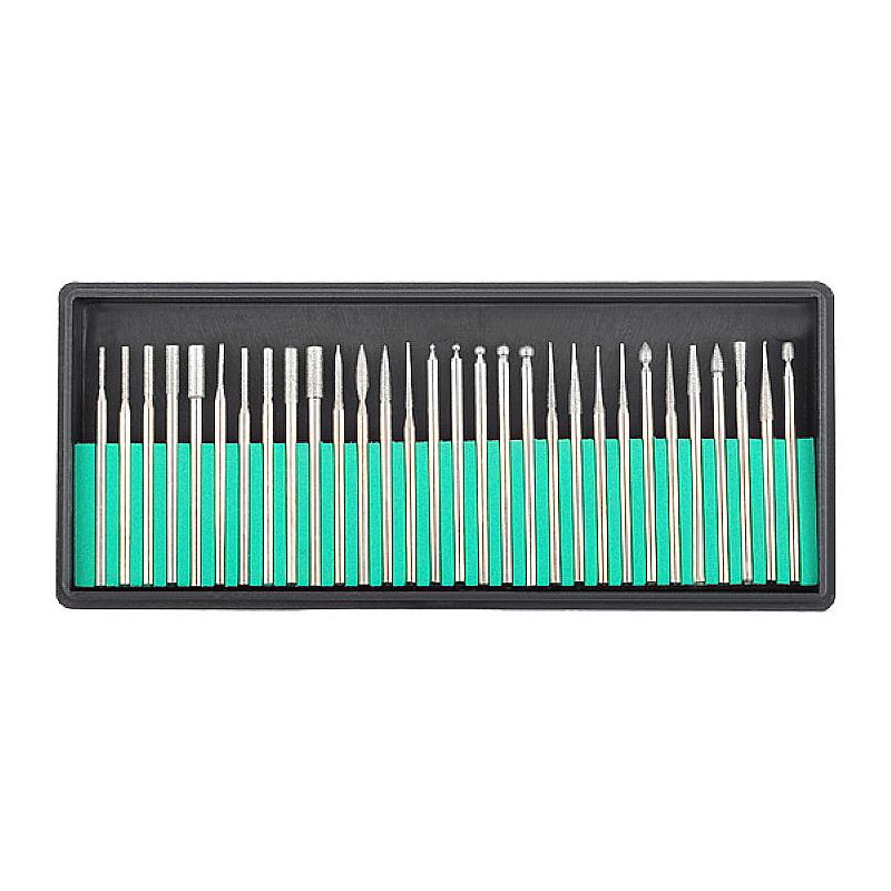 Set of 30 diamond bits for manicure and pedicure drill bits/ e-files. Wide range of different shapes visible on the photo. The product is neatly packed in a plastic box.