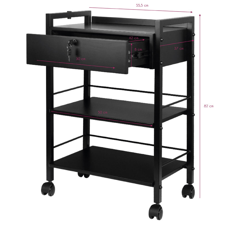 Tattoo assistant pro ink 1019a black open drawer with key and dimensions, view highlighting texture, materials, or fine details.