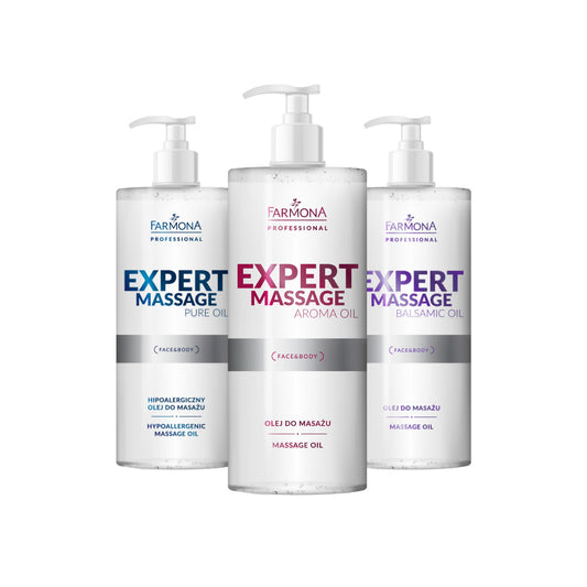 Three bottles of Farmona Expert Massage Oil series- Pure,aroma and balsamic on a white background