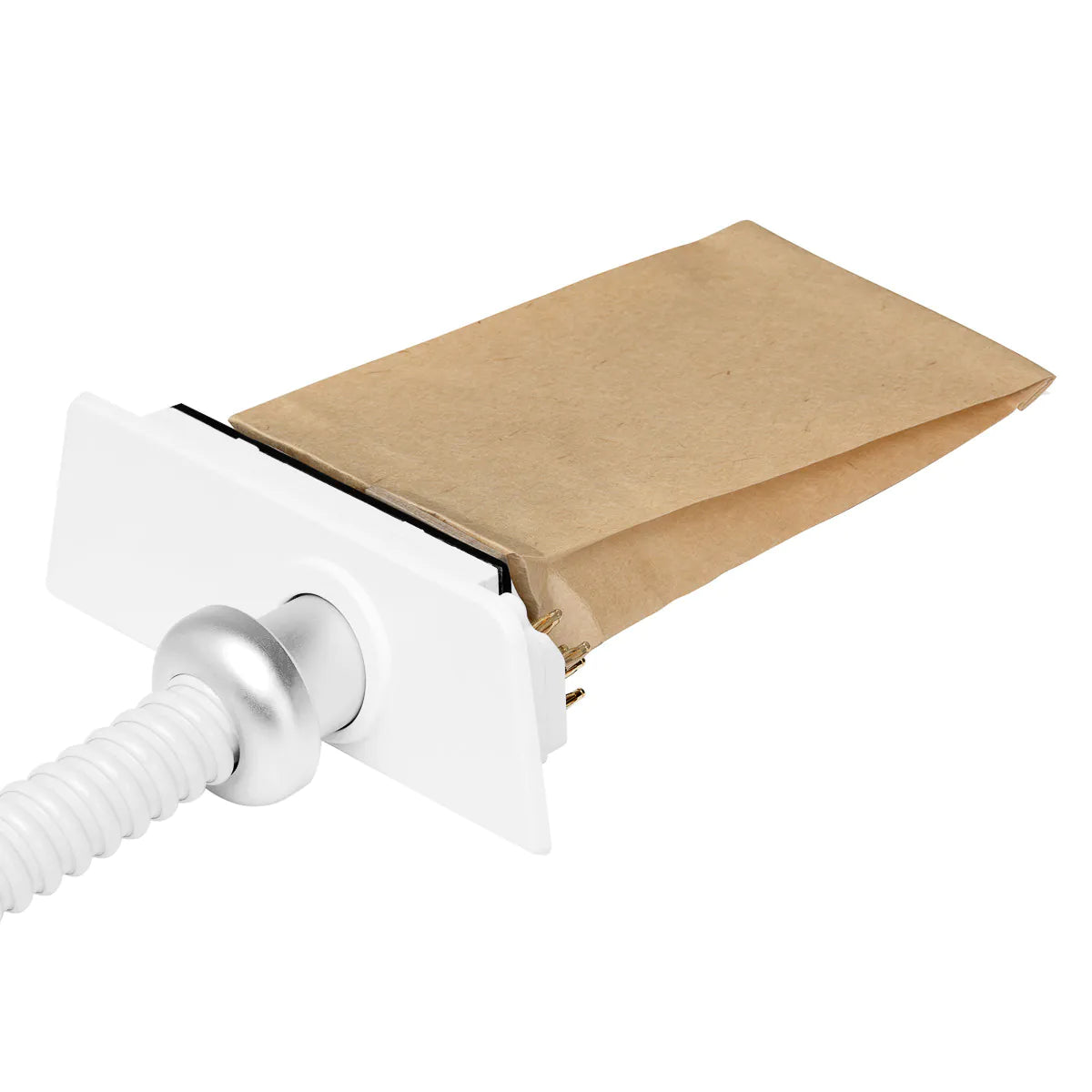 Part of the hose of the absorber of Saeyang Cyclone Vac with a brown paper filter bag attached