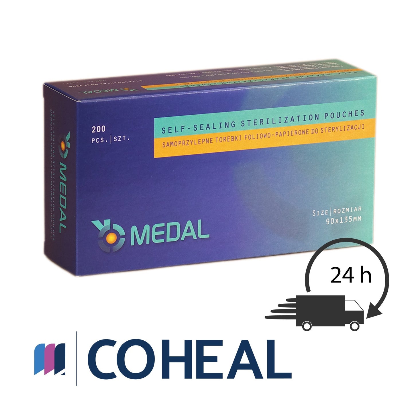 Self-sealing dental sterilisation pouches, autoclave bags with indicator size 90x135 mm front packet view