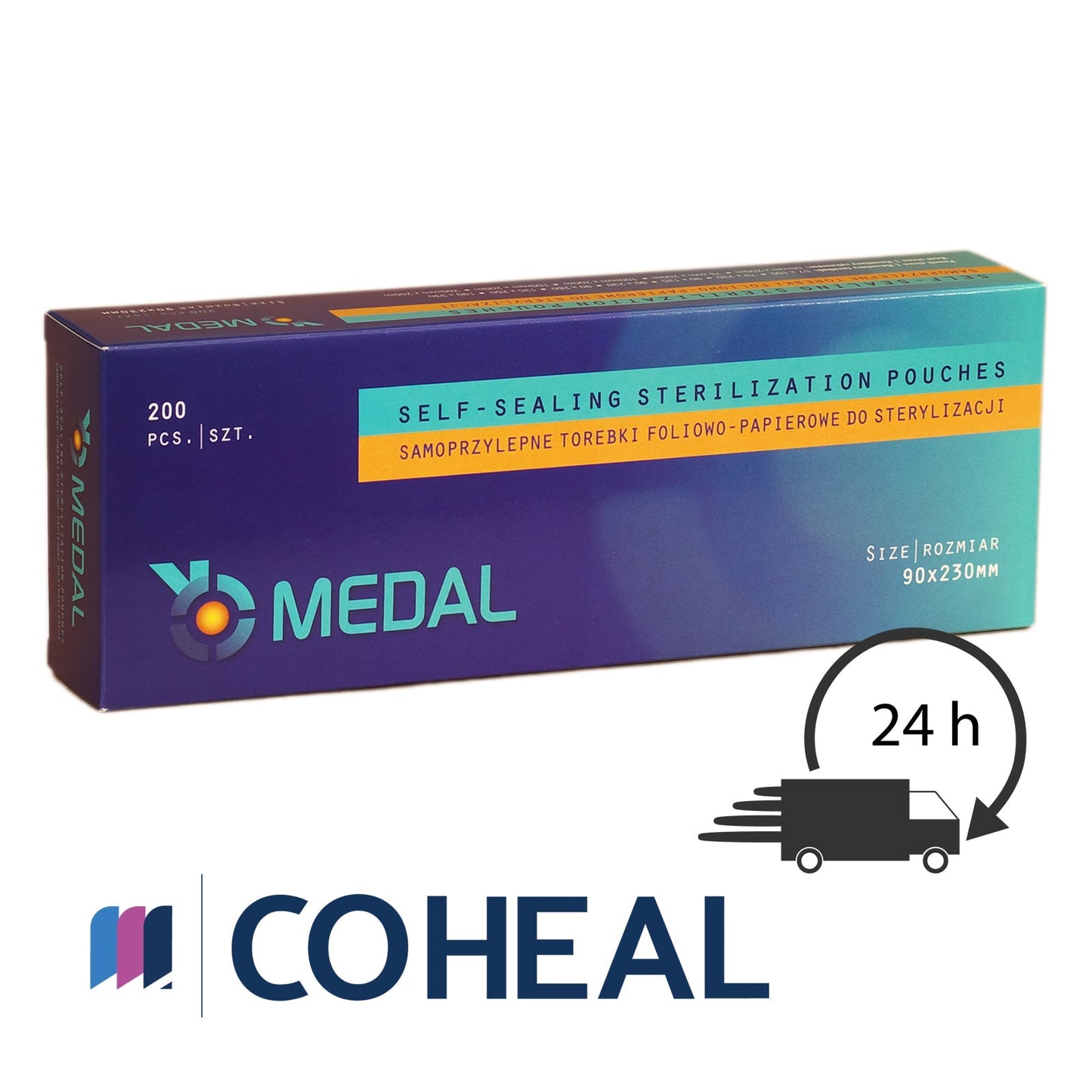 Self-sealing dental sterilisation pouches, autoclave bags with indicator size 90x230 mm front packet view