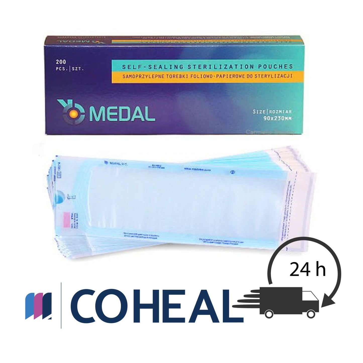 Self-sealing dental sterilisation pouches, autoclave bags with indicator size 90x230 mm front packet view with visible actual product- stack of sterilisation pouches