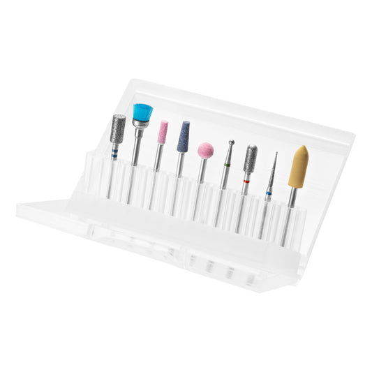 Set of nine mixed nail drill bits — diamond, stone and rubber — for manicure and pedicure