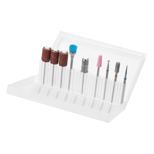 Set of twelve mixed nail drill bits with abrasive caps and mandrel for manicure