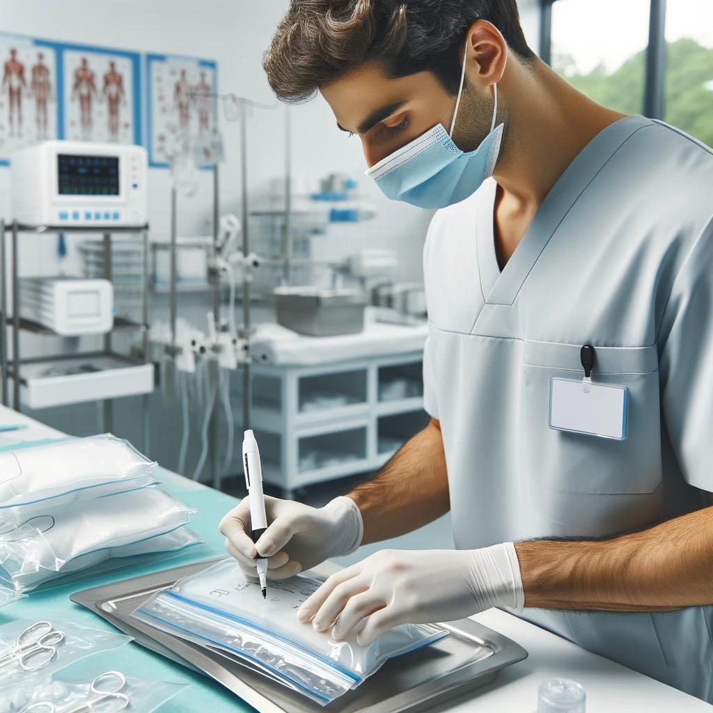medical professional writing on sterilisation pouches 