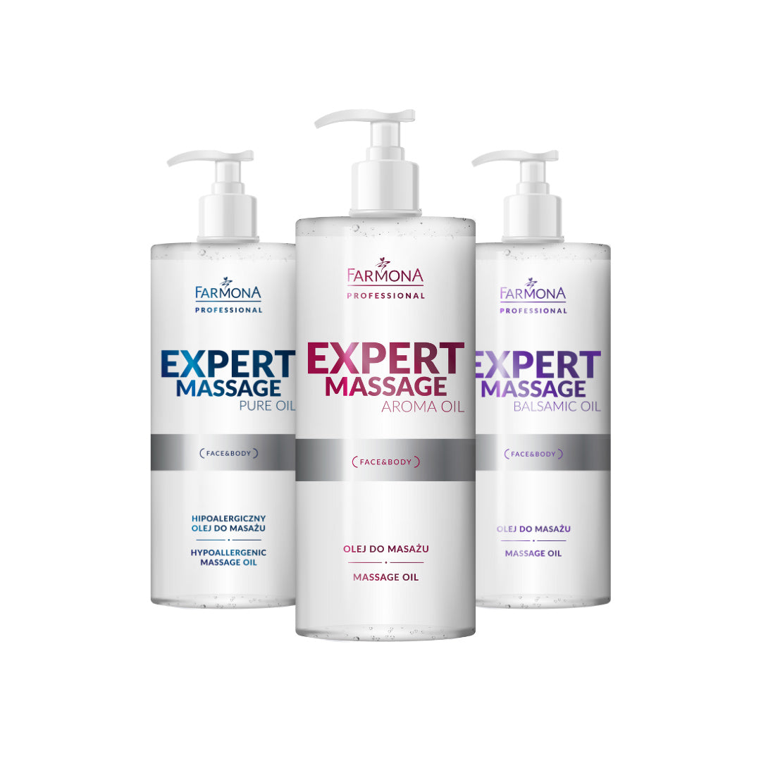 Three bottles of Farmona Expert Massage Oil series- Pure,aroma and balsamic on a white background