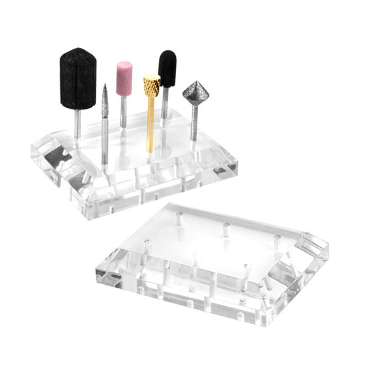 Clear acrylic nail drill bit stand holding six bits, 65 x 47 x 14 mm