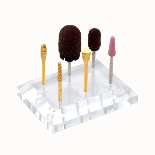 Clear acrylic nail drill bit stand holding six bits, 65 x 47 x 14 mm