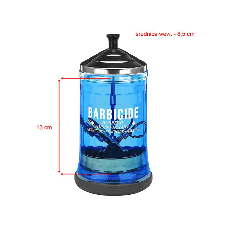 Barbicide glass disinfection jar 750 ml with the basket lifted out