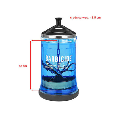 Barbicide glass disinfection jar 750 ml with the basket lifted out