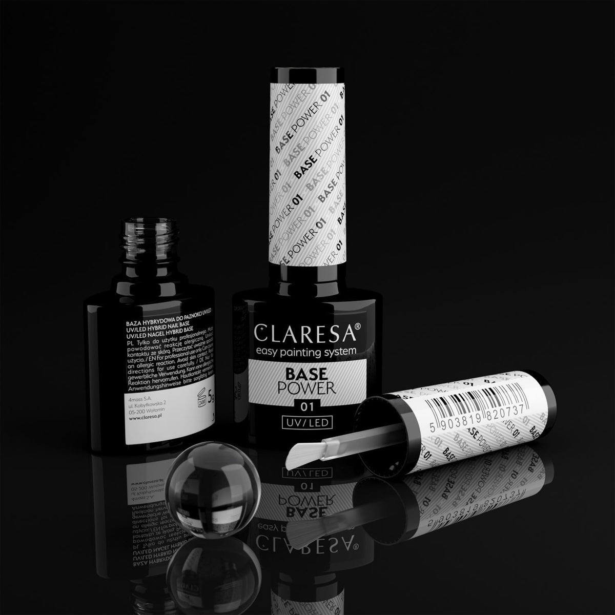 Open bottle of Claresa Power Base 01 Transparent hybrid base with brush