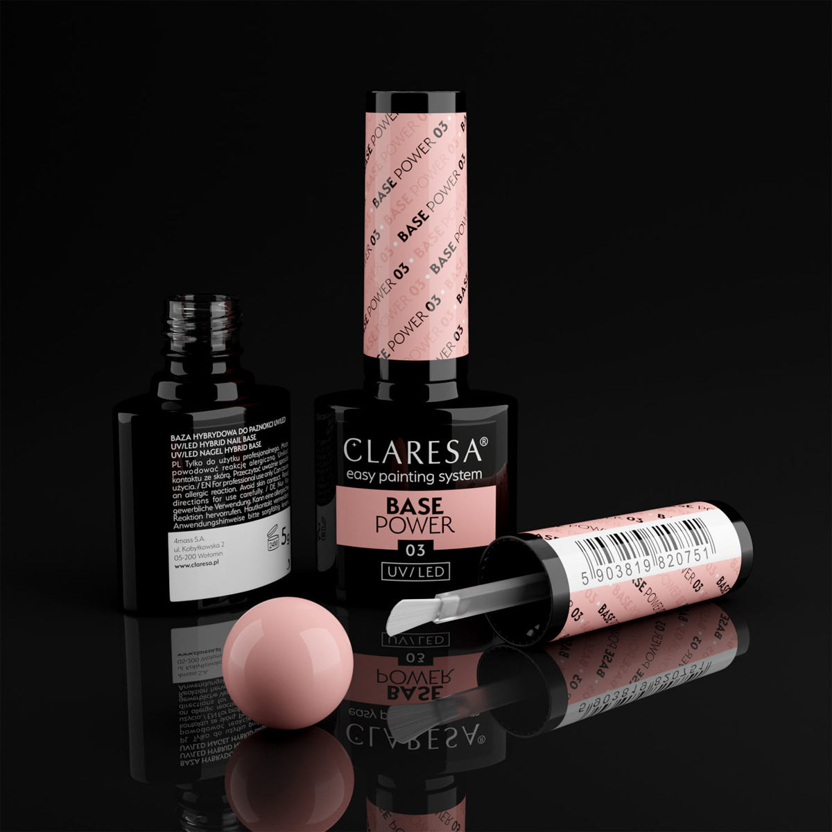 Open bottle of Claresa Power Base 03 Beige Peach hybrid base with brush