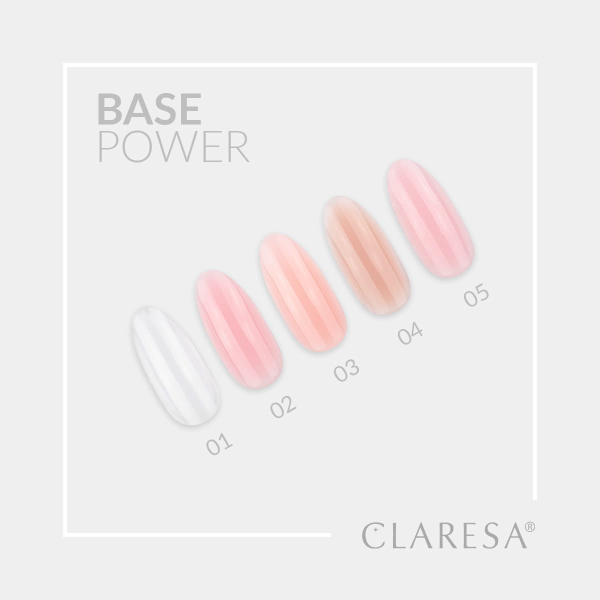 Claresa Power Base swatch chart, shades 01 to 05