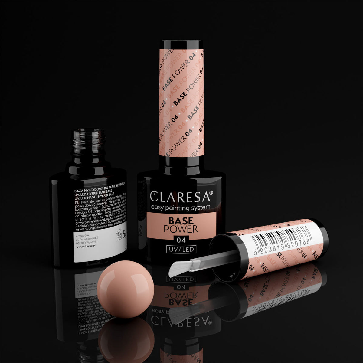 Open bottle of Claresa Power Base 04 Natural Cover hybrid base with brush