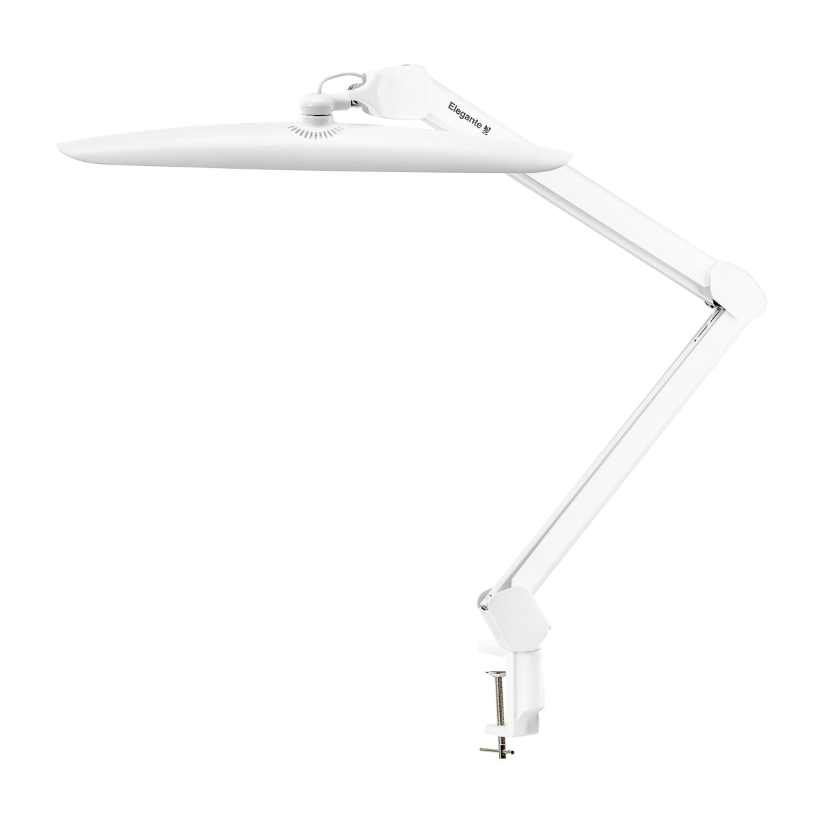 Elegante LED workshop lamp in white with clamp mount and elongated head