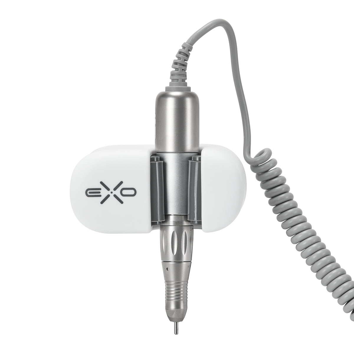 Exo universal adhesive holder for nail drill handpiece mounted on a desk