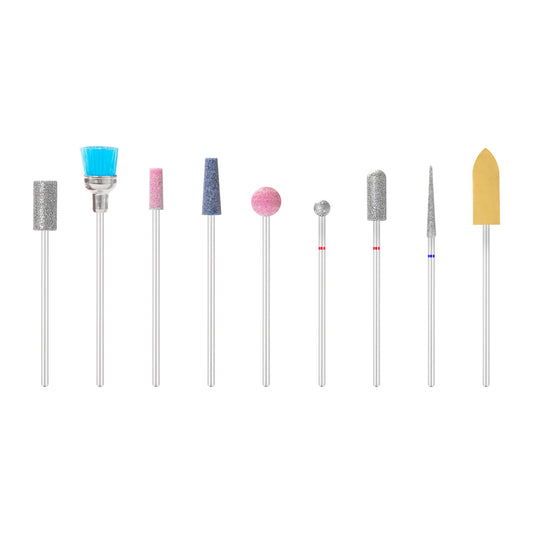 Set of nine mixed nail drill bits — diamond, stone and rubber — for manicure and pedicure