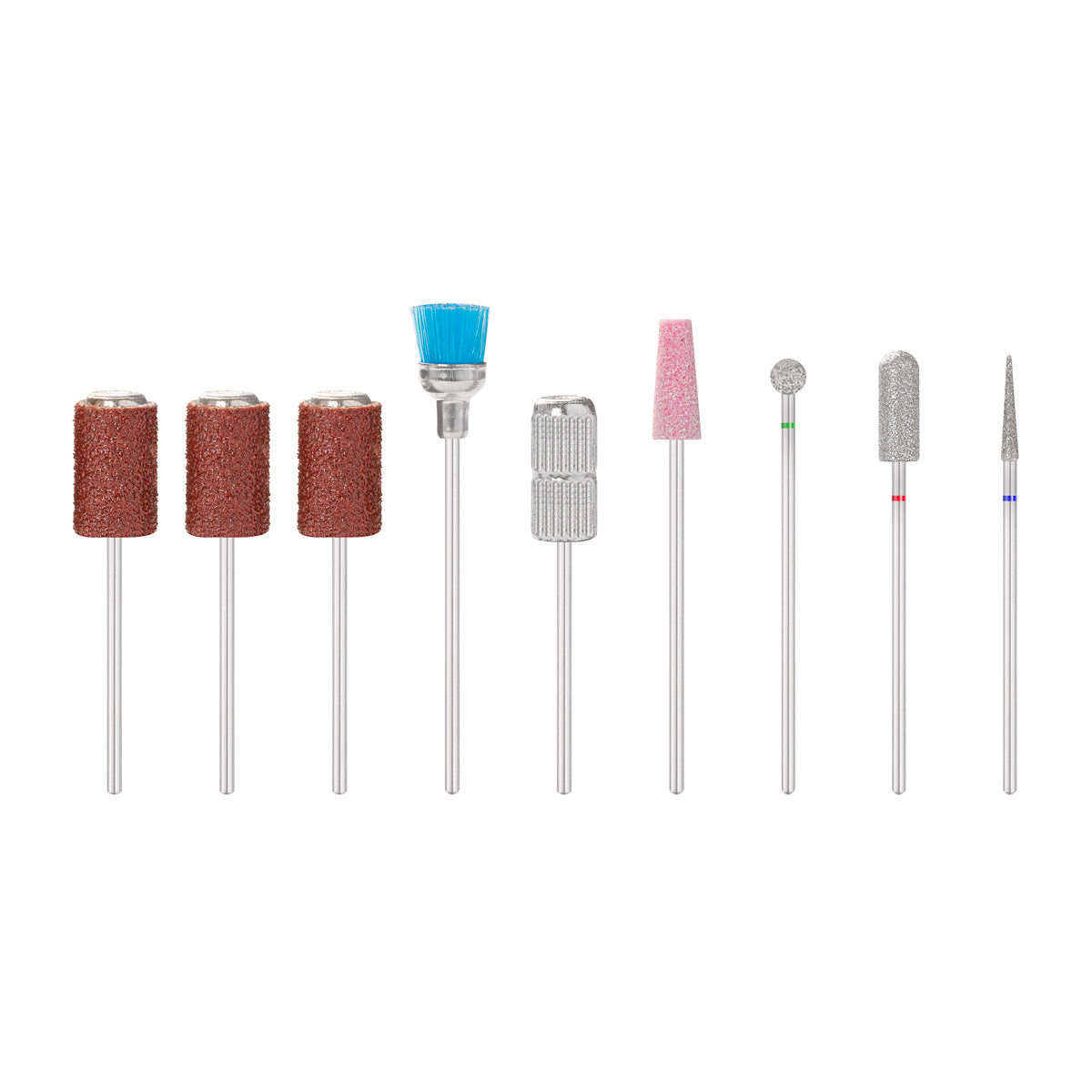 Set of twelve mixed nail drill bits with abrasive caps and mandrel for manicure