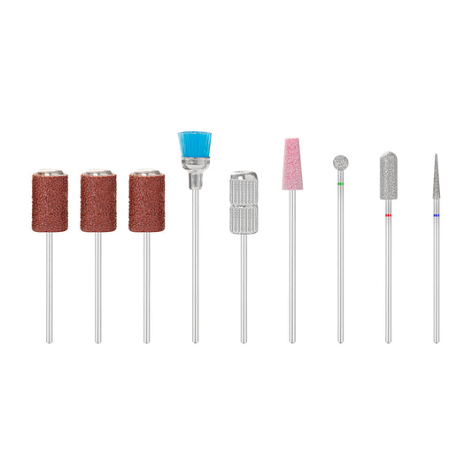 Set of twelve mixed nail drill bits with abrasive caps and mandrel for manicure