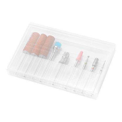 Set of twelve mixed nail drill bits with abrasive caps and mandrel for manicure