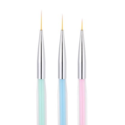 Nail art brushes showing 7, 9 and 11mm bristle lengths