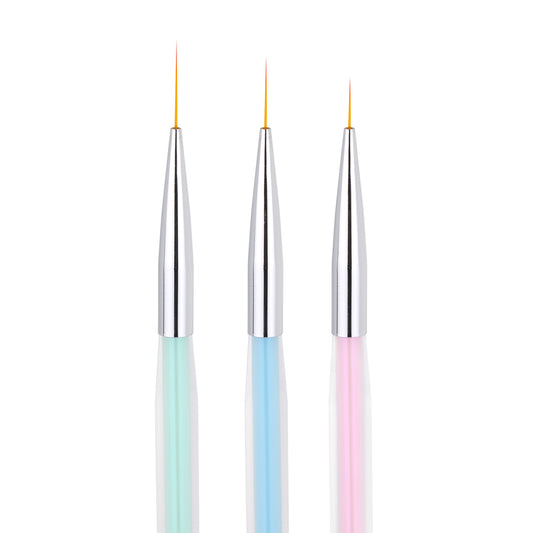 Nail art brushes showing 7, 9 and 11mm bristle lengths