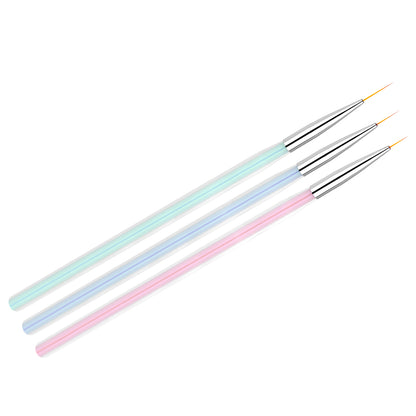 Set of three clear nail art brushes with colour-coded handles