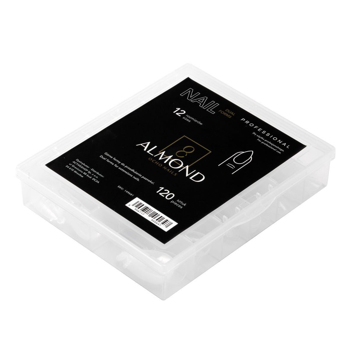 Ocho Nails clear almond dual forms, 120 pieces in 12 sizes