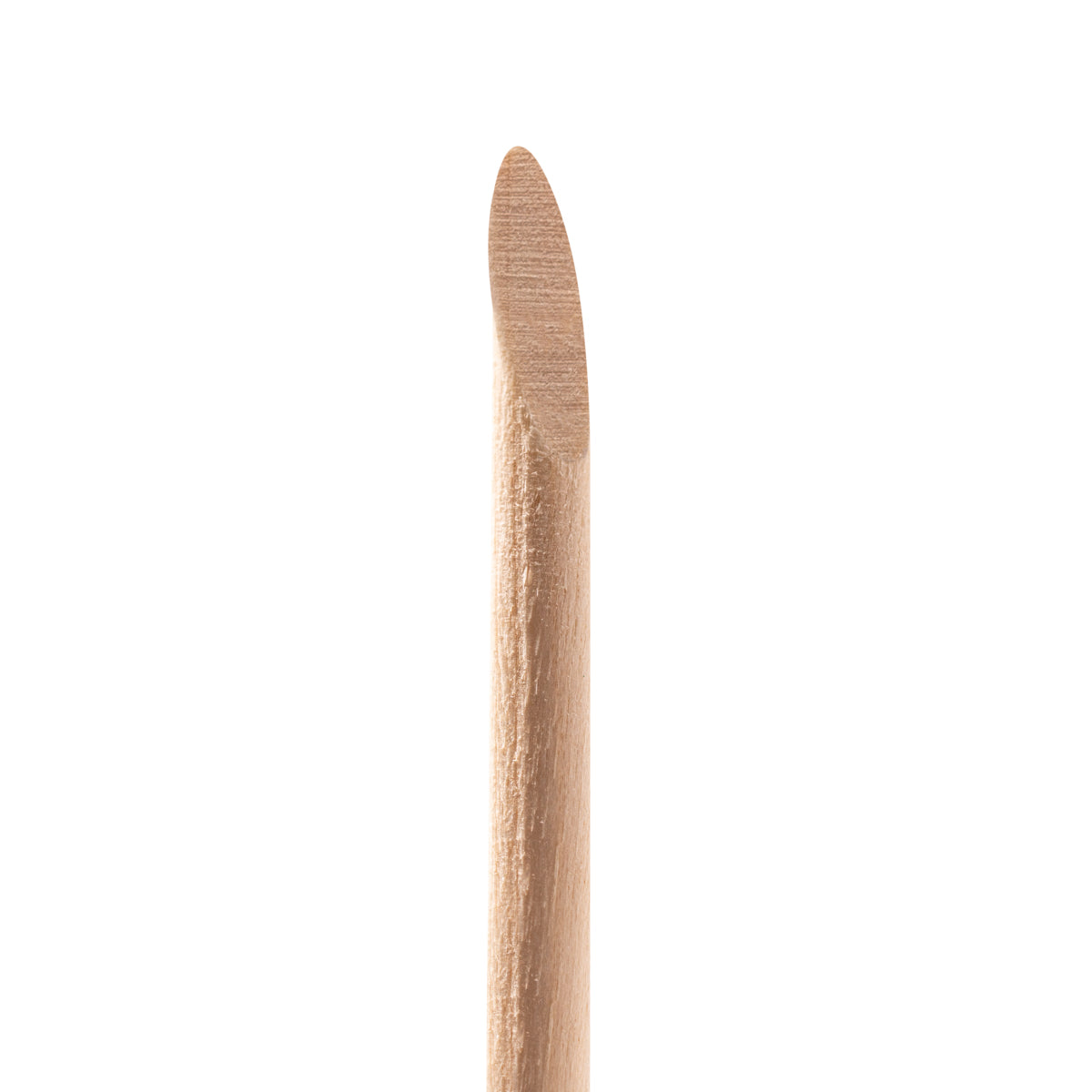 Flat spatula end of an Ocho Nails wooden cuticle stick for pushing back cuticles