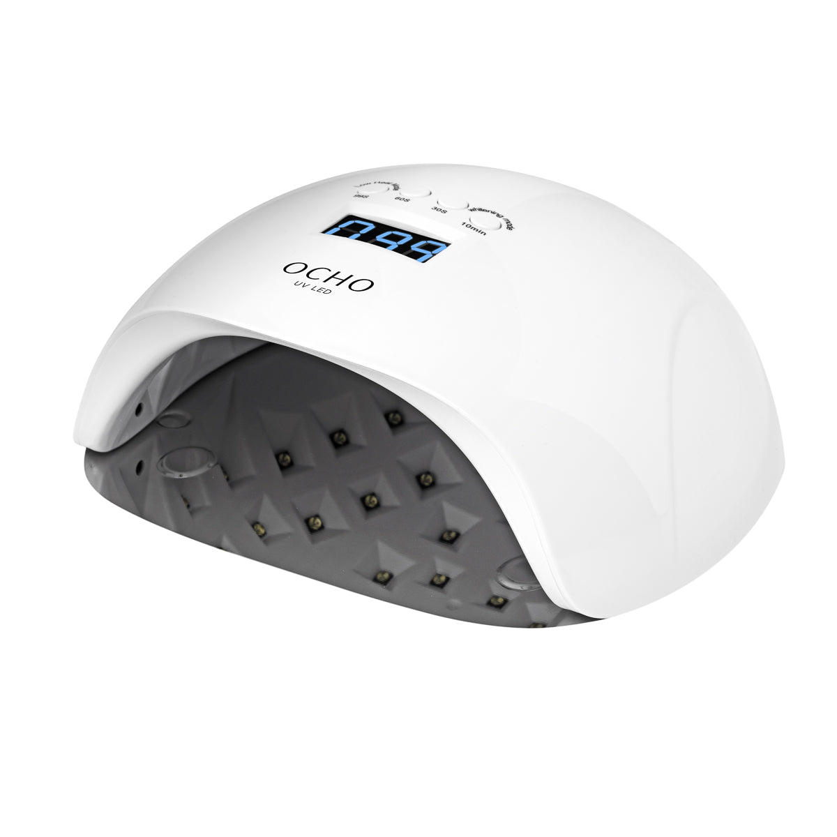 Ocho Nails X13 Plus nail lamp front view with the curing chamber open
