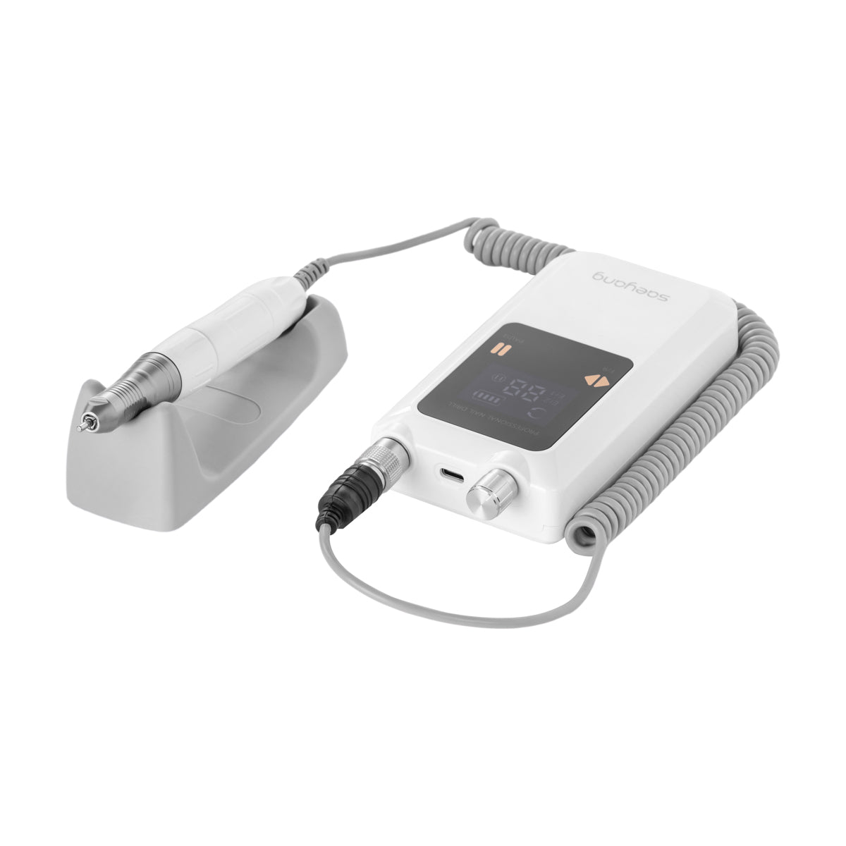 White Saeyang Marathon K30S cordless nail drill machine with brushless BS30S handpiece, 30,000 RPM