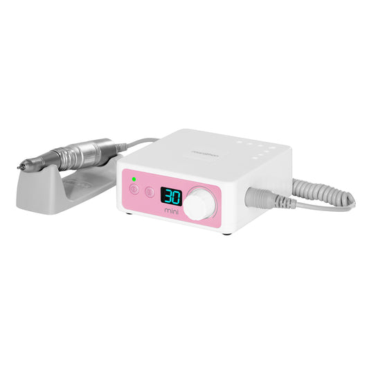Pink and white Saeyang Marathon K35 mini nail drill machine with H200 handpiece, 30,000 RPM