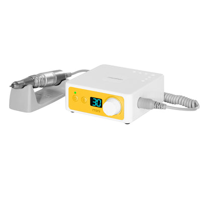 Yellow and white Saeyang Marathon K35 mini nail drill machine with H200 handpiece, 30,000 RPM