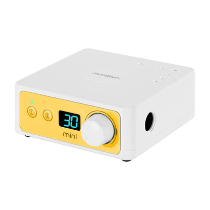 Yellow and white Saeyang Marathon K35 mini nail drill machine with H200 handpiece, 30,000 RPM