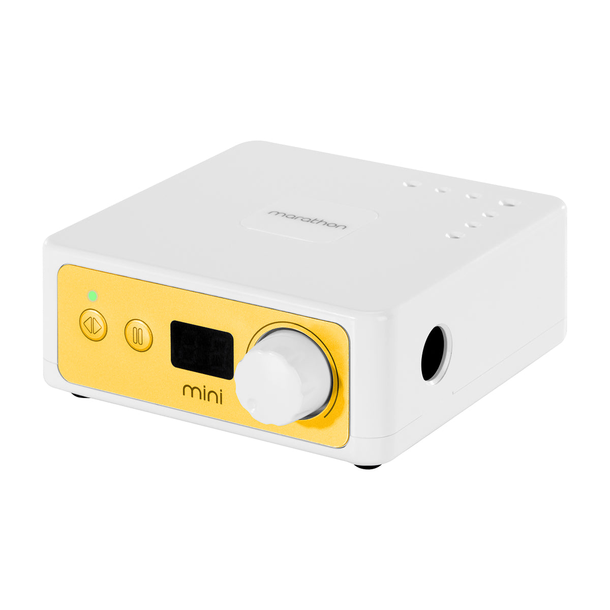 Yellow and white Saeyang Marathon K35 mini nail drill machine with H200 handpiece, 30,000 RPM