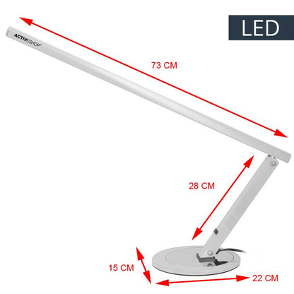 Slim LED desk lamp base and arm at full reach