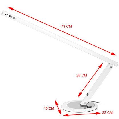 Slim LED desk lamp base and arm at full reach