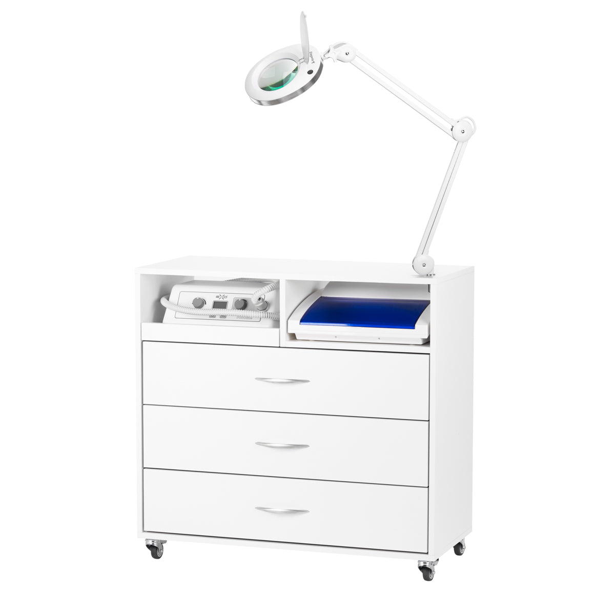 Y-200 podiatry unit on castors with Exo Podo Line drill, Elegante magnifying lamp and UV-C steriliser