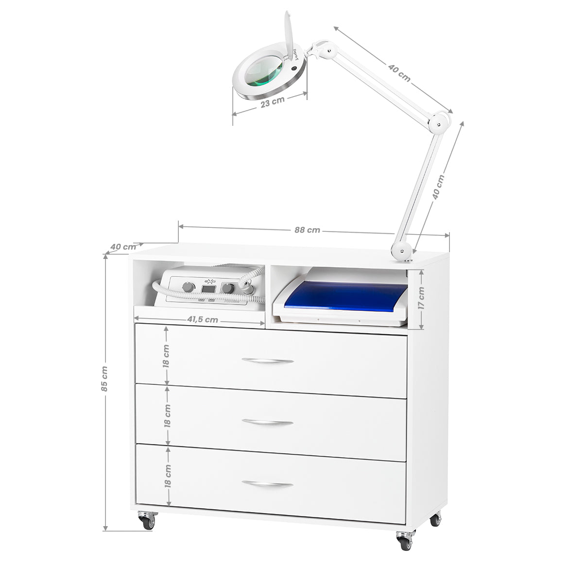 Y-200 podiatry unit on castors with Exo Podo Line drill, Elegante magnifying lamp and UV-C steriliser
