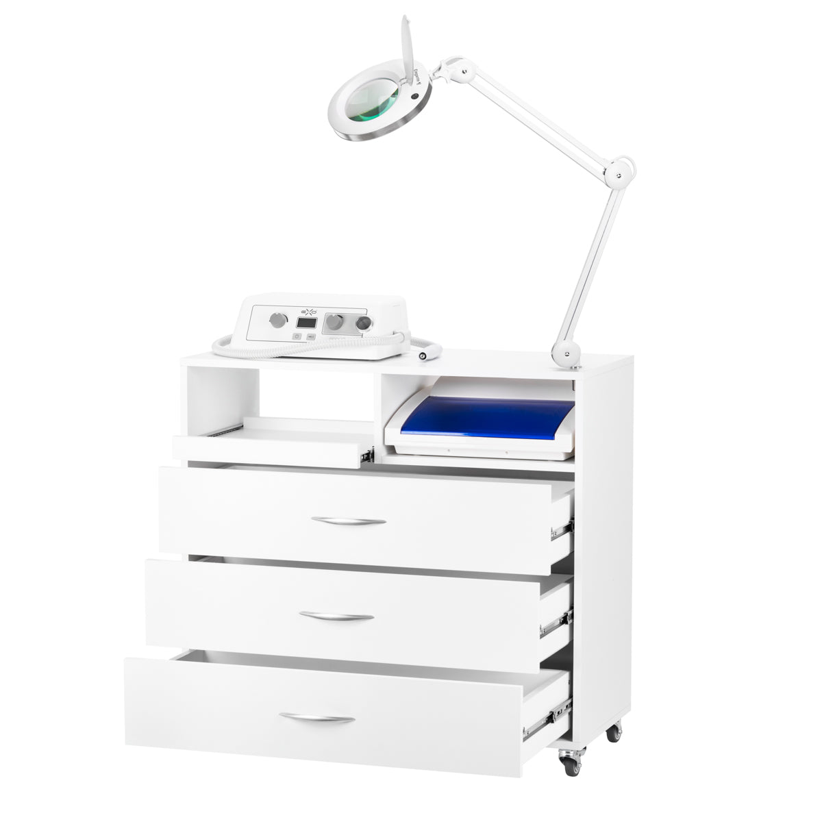 Y-200 podiatry unit on castors with Exo Podo Line drill, Elegante magnifying lamp and UV-C steriliser