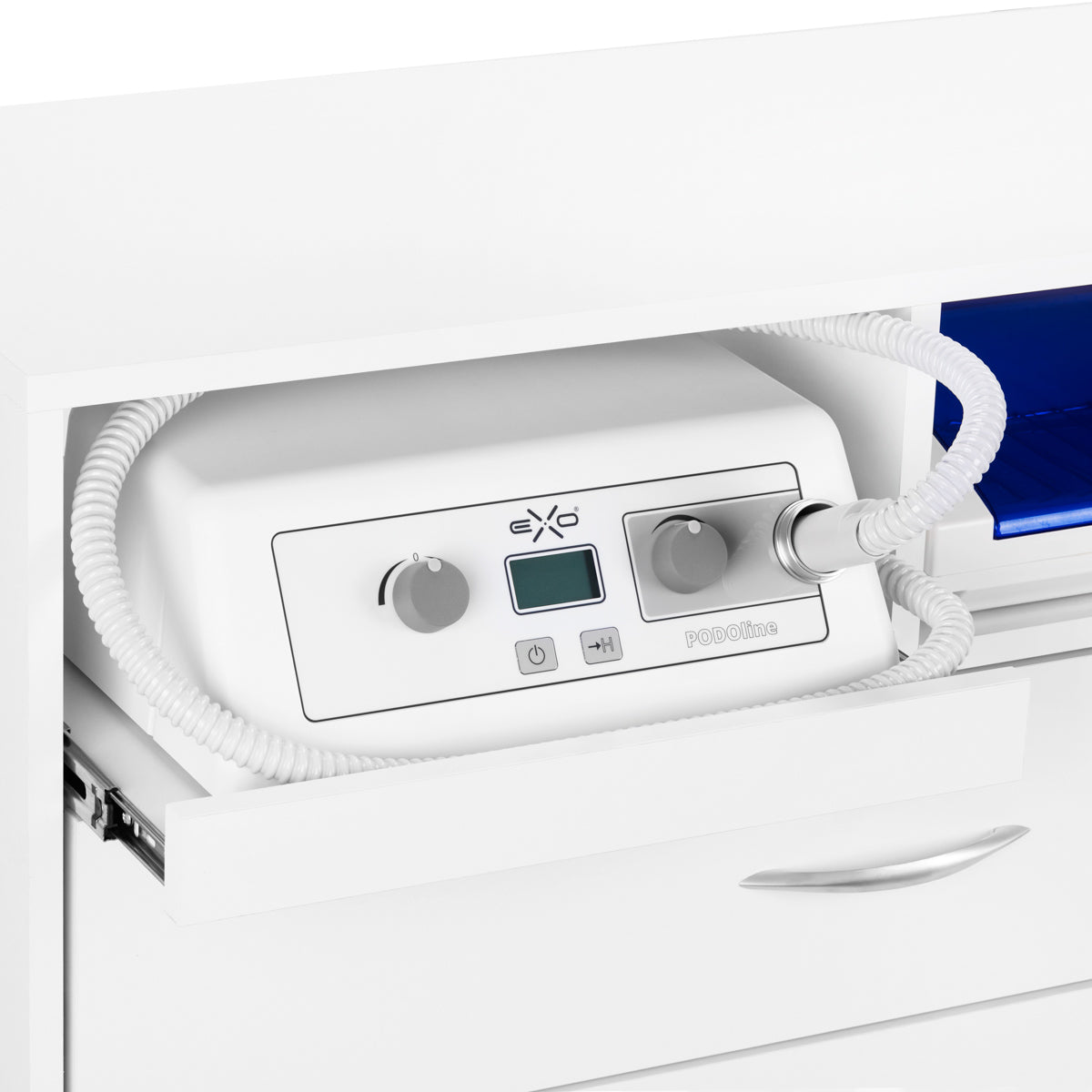 Y-200 podiatry unit on castors with Exo Podo Line drill, Elegante magnifying lamp and UV-C steriliser