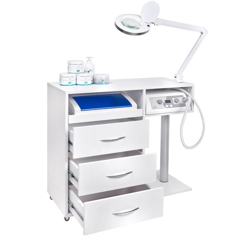 Y-300 podiatry unit on castors with Exo Podo Line drill, Elegante magnifying lamp and UV-C steriliser