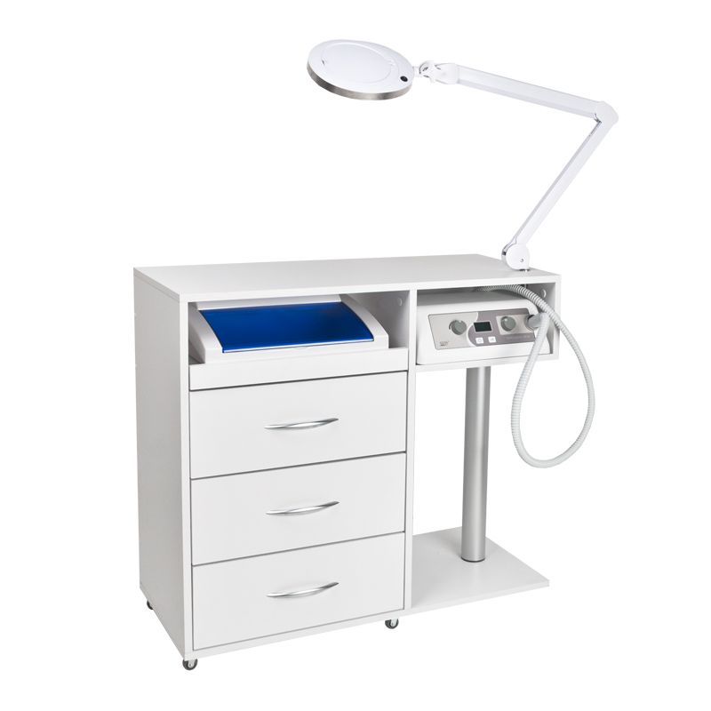 Y-300 podiatry unit on castors with Exo Podo Line drill, Elegante magnifying lamp and UV-C steriliser